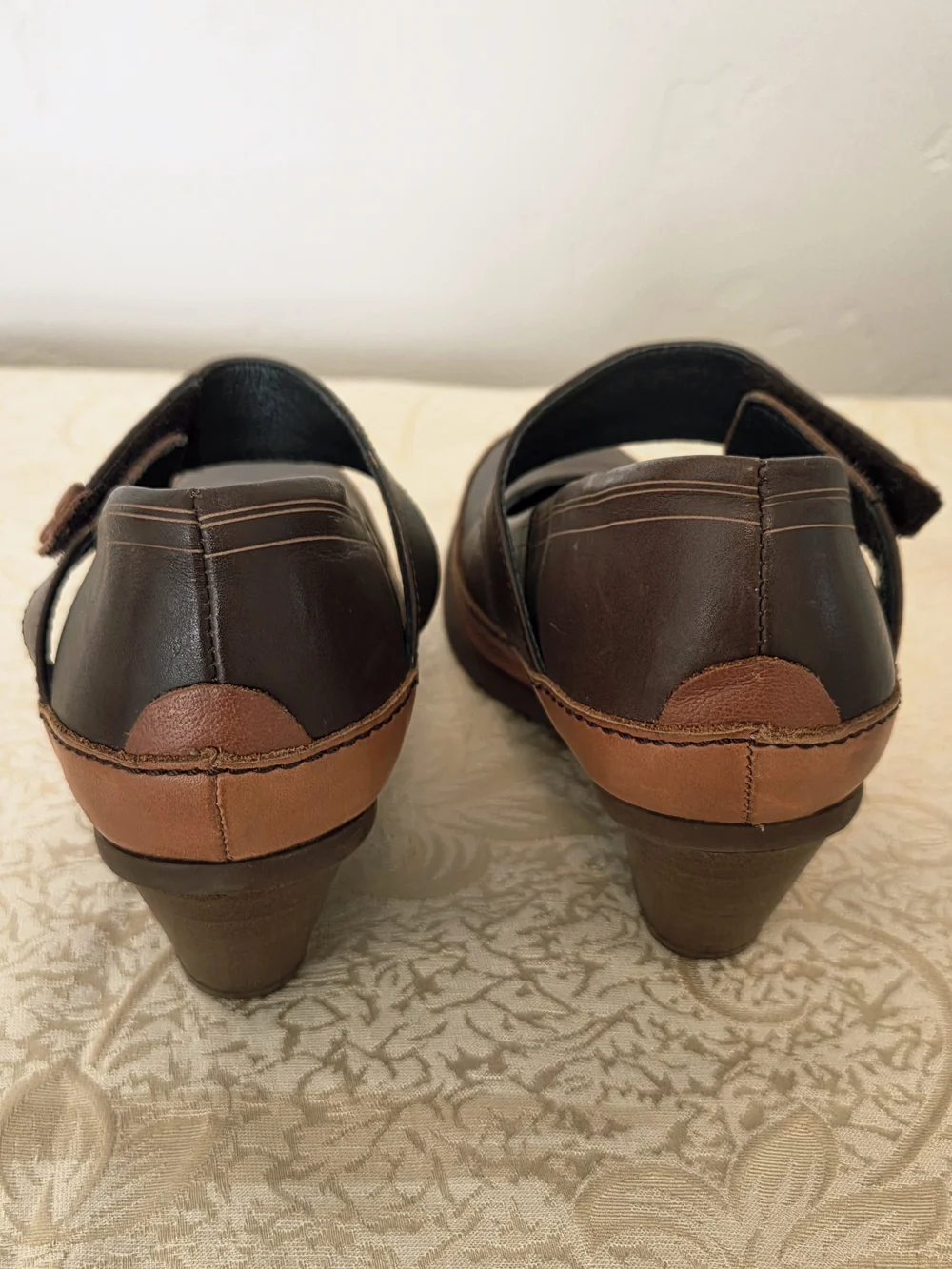 Women's Dark Brown Mary Jane Wedge Heels with Tan Trim